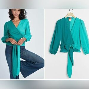Anthropologie Colorblock Teal Wrap Tie-Front Blouse